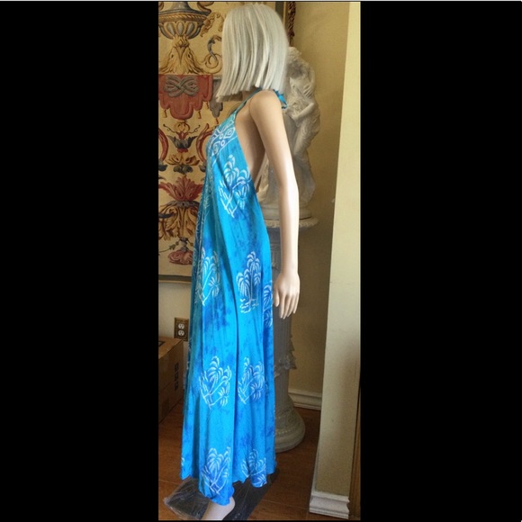 Bohemian Tie Dye Maxi Dress, Halter Backless, Asymmetrical Swim Cover Up Turq OS - Picture 2 of 16